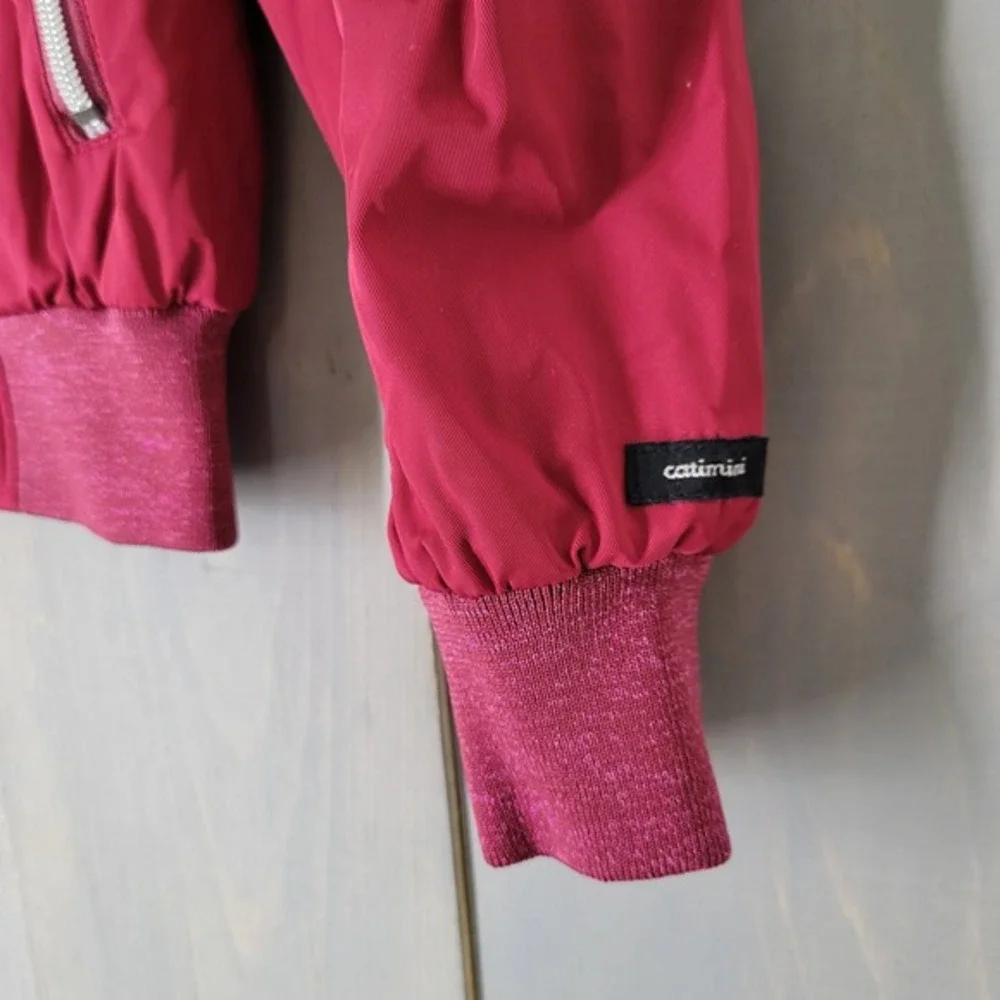 Catimini Bomber Jacket Kids 6 Pink Red‎ Embroidered Heart Floral Leopard Zip